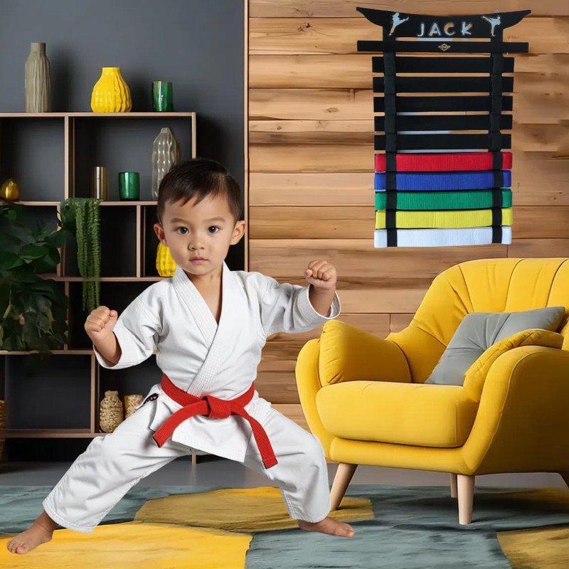 Martial Arts Belt Display Rack, Wooden Wall Mount, Karate and