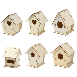 Airssory 6 pcs 6 Styles Breeding Box Undyed Cage Wood Bird House Star Triangle Teardrop Hexagon Nest Box Wood Charms for DIY Painting Art Crafts Backyard Home Embellishment