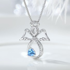 JiaYangJY Sterling Silver Infinity Angel Necklace Heart March Aquamarine Guardian Angel Pendant Jewelry Gifts for Her