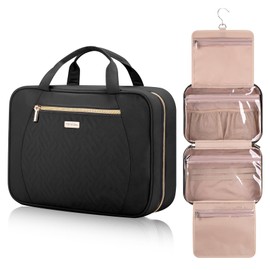 TBTOTRA Women's Travel Toiletry Bag - Hanging Makeup Organizer for Accessories, Shampoo, Full-size Containers, Toiletries - Medium Black