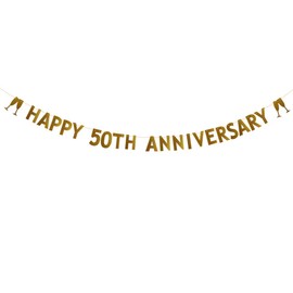 Betteryanzi Gold Glitter Happy 50th Anniversary Banner,50th Wedding Anniversary Party Decorations Supplies, Pre-Strung, Gold Glitter Paper Garlands Backdrops,Letters Gold Happy 50TH Anniversary