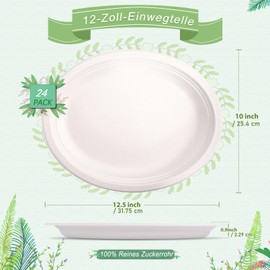 EOGRFW 24 Stück Ovale Pappteller, 31,7 x 25,4 cm Bagasse Einwegteller, Biologisch Abbaubar Geschirr Oval Zuckerrohr Teller für BBQ Restaurant Versammlung Picknick Party