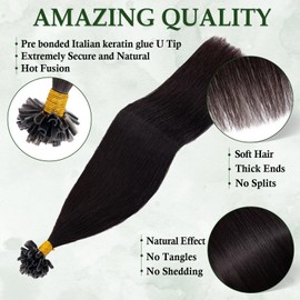 TESS Black Real Hair Bondings Extensions, 45 cm, Bonding Extensions, Real Hair, #1B Natural Black, 100% Remy Real Hair, 100 Strands, 1 g/s Keratin Extensions Real Hair