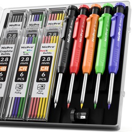 Nicpro 5 Pack Carpenter Pencil with Sharpener, Mechanical Pencils Set with 41 Refills (Red, Black, Yellow, White, Green, Blue), Deep Hole Marker Construction Heavy Duty Woodworking Pencils - With Case:_6 Pack