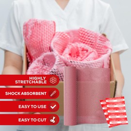 Pink Honeycomb Packing Paper for Moving 12-Inch x 66-Feet Bubble Honeycomb Wrap, Honeycomb Wrapping Paper for Packing Cushion with 20 Fragile Stickers Packing Supplies by XFasten