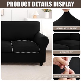 SearchI Fundas de Sofá Extensibles, Funda para Sillón de 2 Piezas con Funda de Cojín de Silla Separada, Protector de Muebles Lavable para Sala de Estar(Pequeño, Negro)