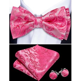 Barry.Wang Paisley Bow Ties for Men Classic Pre Tied Bowtie and Pocket Square Cufflinks Set Silk Pink Bow Tie Gift Party