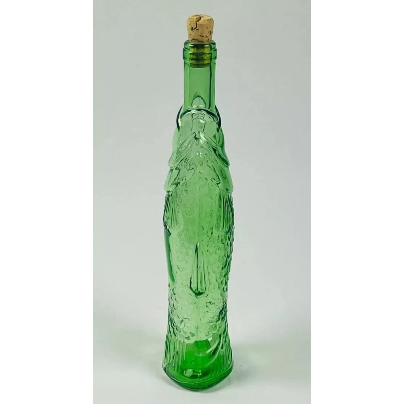 Vintage Decanter Fish Shaped Glass 13" Green Italian Wine Bottle