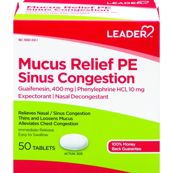 Leader Mucus Relief PE Sinus Congestion, 50 Tablets Per Box
