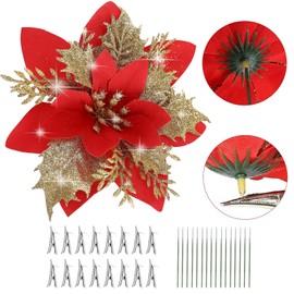 N&T NIETING 16Pcs Poinsettias Artificial Christmas Flowers, 5 inch Glitter Christmas Flowers Artificial for Decoration, Xmas Fake Flowers, Red Gold