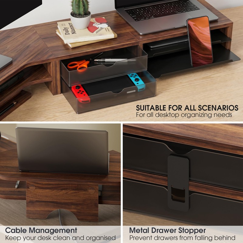 Fenge Dual Monitor Stand, Corner Desk Shelf with Drawer &
