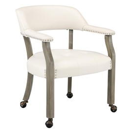 LEEMTORIG Large Dining Chairs with Casters and Arms, Rolling Dining Chairs with Wheels, Accent Game Poker Table Chairs, Solid Wood Office Chairs, 26“Dx25.2 Wx31.5“H, Grey Legs & Ivory PU SY-1318-WT