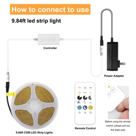 AXMOTUT COB LED Strip Lights with Remote, 24V 9.84ft White Dimmable LED Light Strips, High Bright 6000K LED Lights with Power Supply for Room, Kitchen, DIY Home Decoration