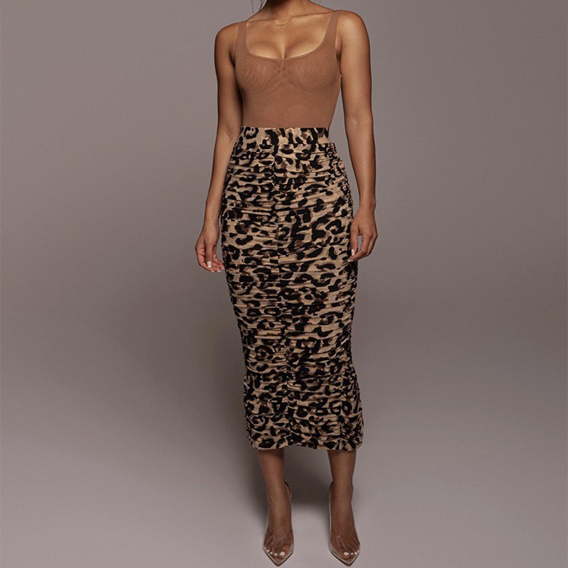 Women's Leopard Skirt Midi Long High Waist Silk Satin Elastic