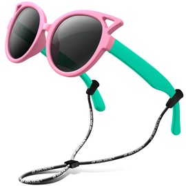 RIVBOS RBK002 Kids Sunglasses for Kids, Polarized Lenses, Rubber Frame, UV Protection, Ribbon Included, Boys and Girls Sunglasses, pink & green