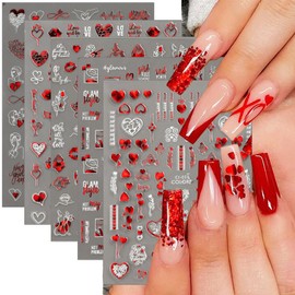 8Sheets Heart Nail Art Stickers Red Love Hearts Nail Decals 3D Self Adhesive Valentine’s Day Nail Art Supplies Holographic Laser Red Heart Designs for Women Valentine’s Romantic Manicure Decoration