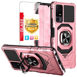 TJS Case for TCL 40 XL & T608DL, Lively Jitterbug Smart4 - Tempered Glass Screen Protector, Metal Ring Kickstand, Heavy Duty Drop Protector (Rose Gold)