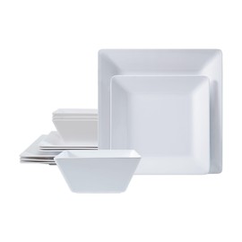 TP 12-Piece Square Dinnerware Set, Melamine Dishes Set with Bowls and Plates, Non-breakable Lightweight Dinner Service for 4