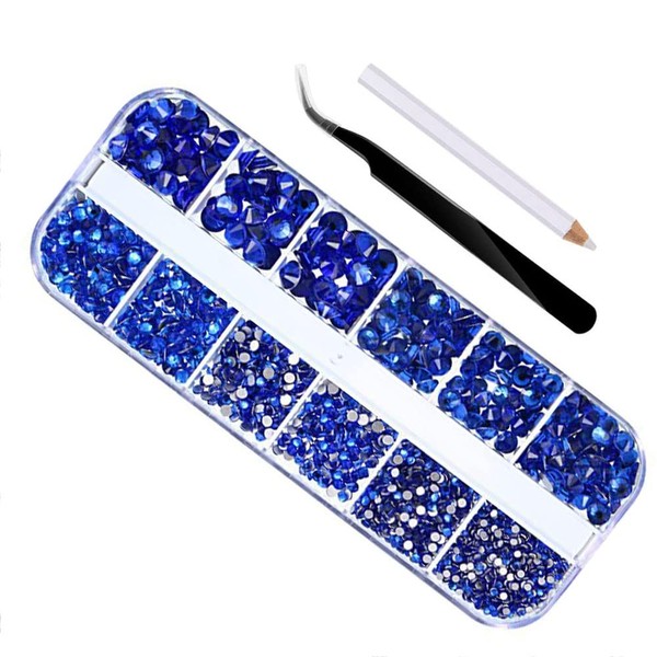 SagaSave Pack of 2000 Rhinestones for Nails - Crystals for Nails Flat Back Nail Art Rhinestones in 6 Sizes 1.5-6 mm Stored in 12 Compartments Box - Dark Blue