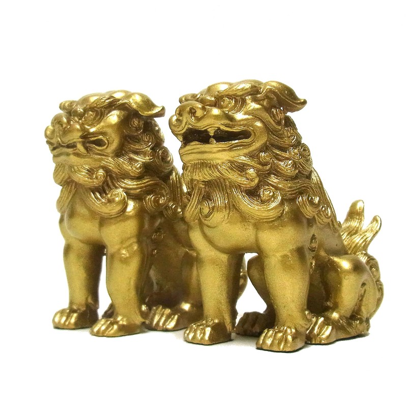 Feng Shui Lucky Figurine Komainu (Lion) Golden 3.1 inches (8