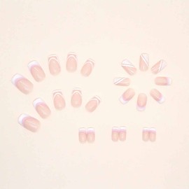 Foccna Pink French Press on Nails Medium, White Fake Nails Square Acrylic False Pink Nails,French Artificial Nails for Women and Girls,24 pcs