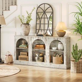 LITTLE TREE 63" Modern Console Sofa Table with 3-Tier Storage, Wooden Rectangular Foyer Table, for Entrance, Hallway, Living Room, Retro White