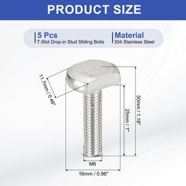 PATIKIL M6 x 25 mm T Slot Bolts, 5 Pcs 304 Stainless Steel Drop-in Bolt T Shape Stud Sliding Screw Metric Thread Hammer Head Bolt for T Track, Silver