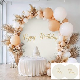 Gallety 2 Pcs 7.2 FT Ivory Round Backdrop Cover for 5 to 7.2ft Circle Arch Stand with Oh Baby and Happy Birthday Decal Sign - Arch Backdrop Cover for Wedding Party Photography Decoration