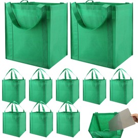 Set of 10 Reusable Grocery Bags Heavy Duty Shopping Bags Large Grocery Totes with Reinforced Bottom Super Sturdy Handles, Green