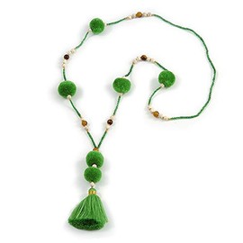 Avalaya Long Spring Green Glass Bead Pom Pom Tassel Necklace/ 88cm L/ 10cm Tassel