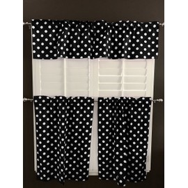 lovemyfabric Poly Cotton Fun with Polka Dots/Spots Print 3-Piece Kitchen Curtain Valance Window Treatment Set (White on Black)