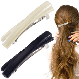 STSTR 2PCS French Barrette Hair Clips for Women, 2.56 Inch Small Tortoise Shell Hair Clip, Curved Glossy Thin Hair Flat Hair Accessories for Women (Black, White)