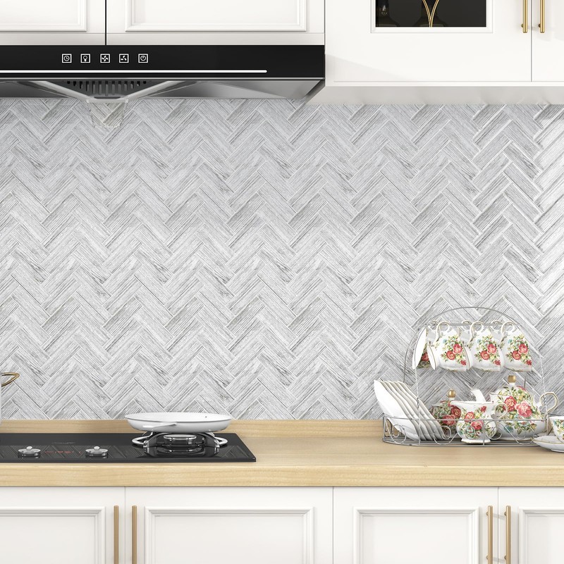 Wallercity Gray Herringbone Marble Peel and Stick Backsplash 10-Sheets Marble