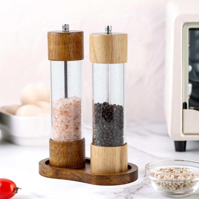 BINHAI Salt and Pepper Wood Mill Tray, Retro Colour Pepper