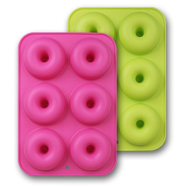 homEdge Silicone Donut Molds, 2-Pack of Non-Stick Food Grade Silicone Pans for Doughnut Baking – Green and Pink
