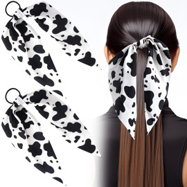 PAGOW 2pcs Cow Print Headband, Non-Slip Hair Band with Elastic Hair Tie Ropes, Large Bowknot Ponytail Holder Bow Scrunchie, Cute Cow Print Hair Accessories for Women Girls