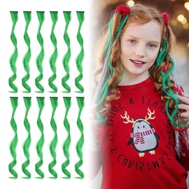 TOFLANTUR 12 PCS Green Hair Extensions, Curly Color Hair Clips for Girls, Rainbow Hair Extensions Party Highlights, 17 Inch(Forest Green)