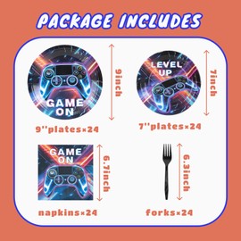 96 Pcs Video Game Birthday Party Decorations | Serve 24 - Game Party Supplies Includes Plates, Forks, Napkins, Tableware for Boys Gaming Theme Birthday Party