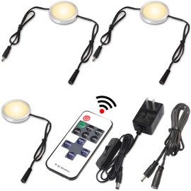 Lvyinyin Book Case Lights, Halogen Under Cabinet Puck Light Replacement, Dimmable RF LED Remote Controller, 120V Wall Plugged in Adapter, Linkable Black Cables, Warm White 2700K, 3 Lights
