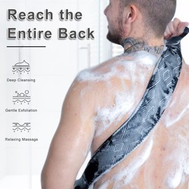 FREATECH Silicone Back Scrubber for Shower, 36" Dual-Sided Back Washer Exfoliator Strap to Clean, Exfoliate and Massage, Easily Cover The Entire Back for Men Women, Easy to Clean, Black