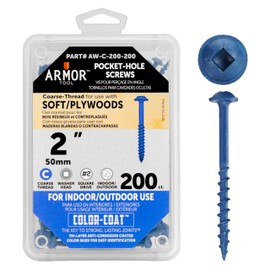 ARMOR TOOL Pocket Hole Screws - 2" Coarse Thread Joinery Screws 200 Pack with Blue Color Coat & Square Drive - AW-C-200-200
