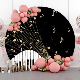 Leyiyi 6.5x6.5ft Piano Round Backdrop Cover Black White Piano Keyboard Gold Musical Notes Photography Background Musical Theme Birthday Decorations Banner Modern Art Party Photo Booth Props Supplies