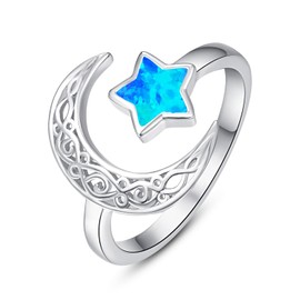 Dreamboat Sterling Silver Moon and Star Rings for Women Crescent Moon Ring Celestial Galaxy Ring Witchy Star Jewelry Adjustable Open Ring, 15, Sterling Silver, Blue Opal