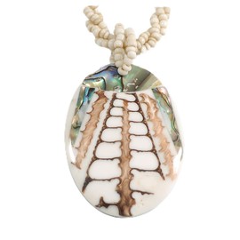 Oval Shell Pendant Antique White Glass Bead Twisted Rope Necklace in White/Brown/Abalone Colours - 44cm Long