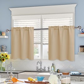 XWZO Blackout Curtains, Opaque Curtains with Curtain Rods, for Living Room and Kitchen, Bistro Curtain, Short Panel Curtains for Small Window, W 66 cm x H 77 cm, Beige per Panel, Set of 2