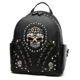 Sugar Skull Punk Art Rivet Studded Biker Purse Women Fashion Backpack Bookbag Python Daypack Shoulder Bag (Black)