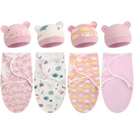 Buryeah 4 Pack Preemie Swaddle Blanket Wrap Set with Hat for Baby Boys Girls 3-7 Lbs Preemie Newborn Clothes Sleepers Cap (Pink,Boho)