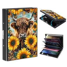 FXIANGWL Metal Wallet Mini Credit Card Wallet RFID Blocking Slim Metal Hard Case for Women Men Credit Card Holder, Compact Design for Everyday Use,Sunflower Highland Cow