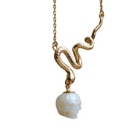 Mystic Snake Pearl Skull Necklace for Women, 925 Sterling Silver Gold Plated Chain, Hand-Carved Pearl Skull Pendant Goth Jewelry
