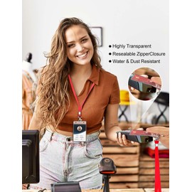 WILLIZTER Clear ID Badge Holder with Lanyard Water Proof Vertical Display Identification Card Name Card Protector with Zipper Resealable Nametag Holder (Red-6pcs)